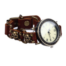 Herren Damen Totenkopf Quarz-Uhr Vintage Lederarmband Aluminium-Schließe