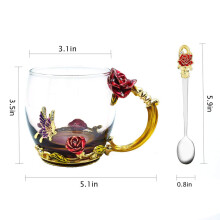 Red Rose Flower Coffee Mug, Butterfly Design Elegant Style Handmade Enamel Tea Cup with Matching Spoon, Lead-Free Glass Drinkware Companion for