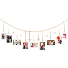 Wall Hanging Photo Holder with Wooden Beads Garland, Boho Collage Picture Frame for Rustic Decor, Photo Garland with Clips for Bedroom Living Room, Di