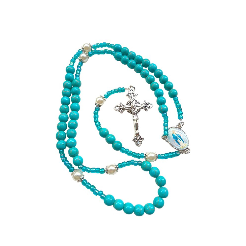 Elegant Pearl Rosary Necklace With Metal Cross Pendant For Prayer And Meditation Religious Christening Gift 1 X Skewer Turquoise
