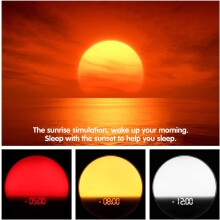 Sveglia con doppia sveglia, simulazione dell'alba, suoni naturali e funzione snooze, simulazione del tramonto, radio FM, luce a colori variabili,