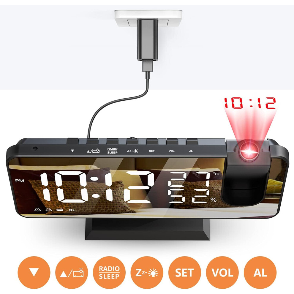 Ultra Clear Display Projection Alarm Clock For Bedroom With Dual Alarms, Snooze Function, Radio Function, USB Charging Port, And Temperature Display