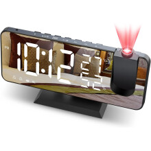 Spejlskærmsvækkeur med justerbar projektor, dobbelt alarm til par, stort LED-display, progressiv lydstyrke, FM-radiofunktion og