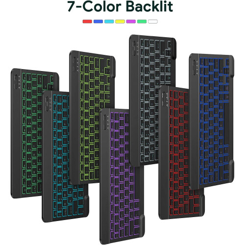 Compact Backlit Bluetooth Keyboard, Cross Compatible Ultra Slim Portable Wireless Keyboard for iOS, Android, Windows Devices, 7-Color LED Backlight, 2