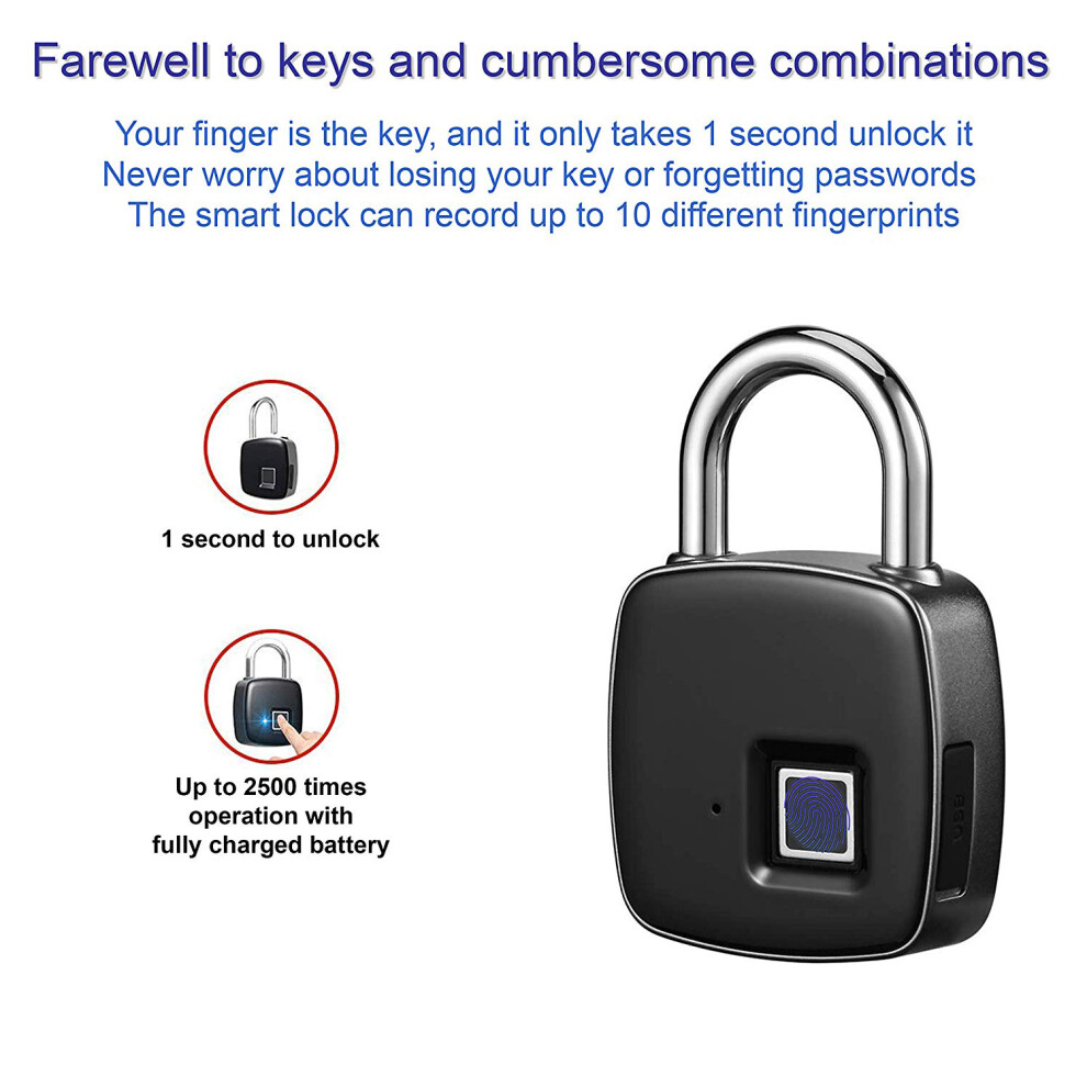 Smart Fingerprint Padlock, Keyless Lock With Bluetooth Outdoor Waterproof Ip65, Supports Up To 15 Fingerprints, For Travel Luggage And School 9405630119596