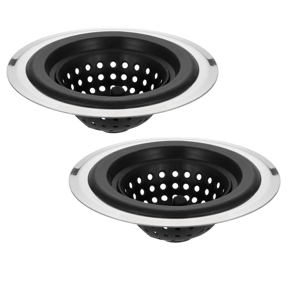 Sourcing Map Silicone Sink Strainer, 2Pcs Kitchen Sink Drain Strainer Stopper With Detachable Stainless Steel Edge 4.4" Diameter Rim, Black 5051221423821