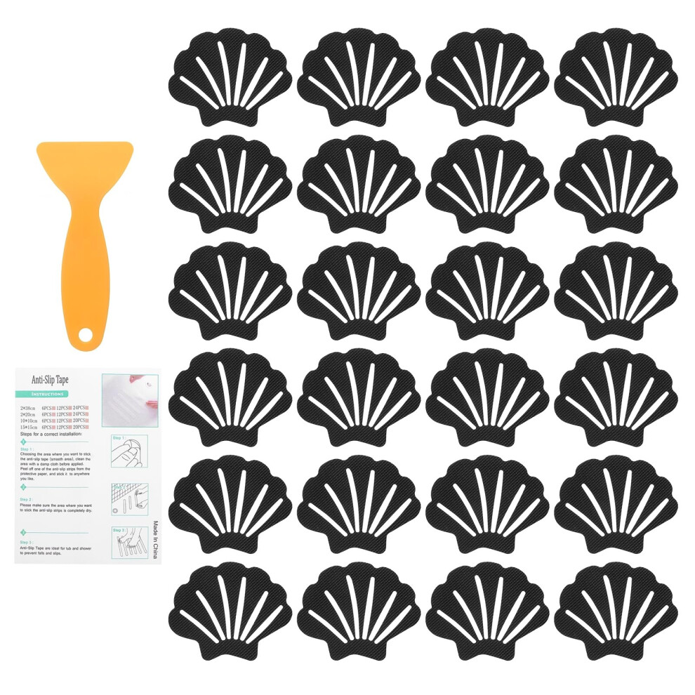 Sourcing Map 24Pcs Non-Slip Bathtub Stickers, 9X7 Cm Shell Shape Shower Floor Non Slip Stickers With Scraper For Bathroom Shower Stairs Ladders, Black 5051221425405