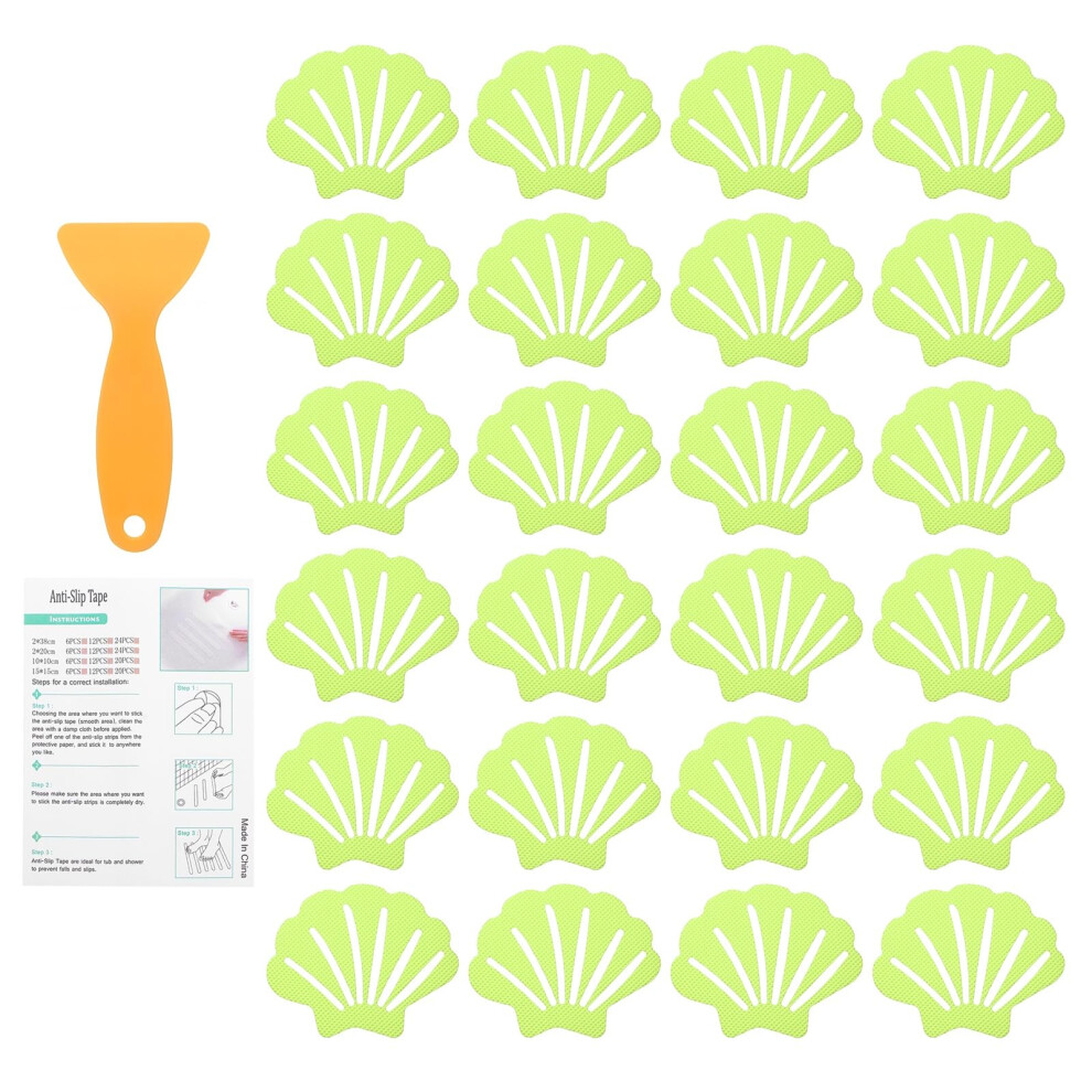 Sourcing Map 24Pcs Non-Slip Bathtub Stickers, 9X7 Cm Shell Shape Shower Floor Non Slip Stickers With Scraper For Bathroom Shower Stairs Ladders, Grass 5051221425733