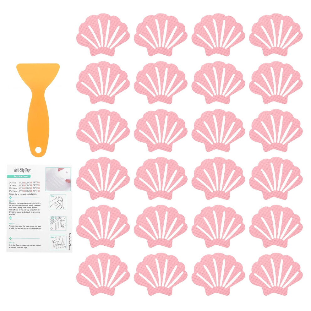 Sourcing Map 24Pcs Non-Slip Bathtub Stickers, 9X7 Cm Shell Shape Shower Floor Non Slip Stickers With Scraper For Bathroom Shower Stairs Ladders, Pink 5051221424491
