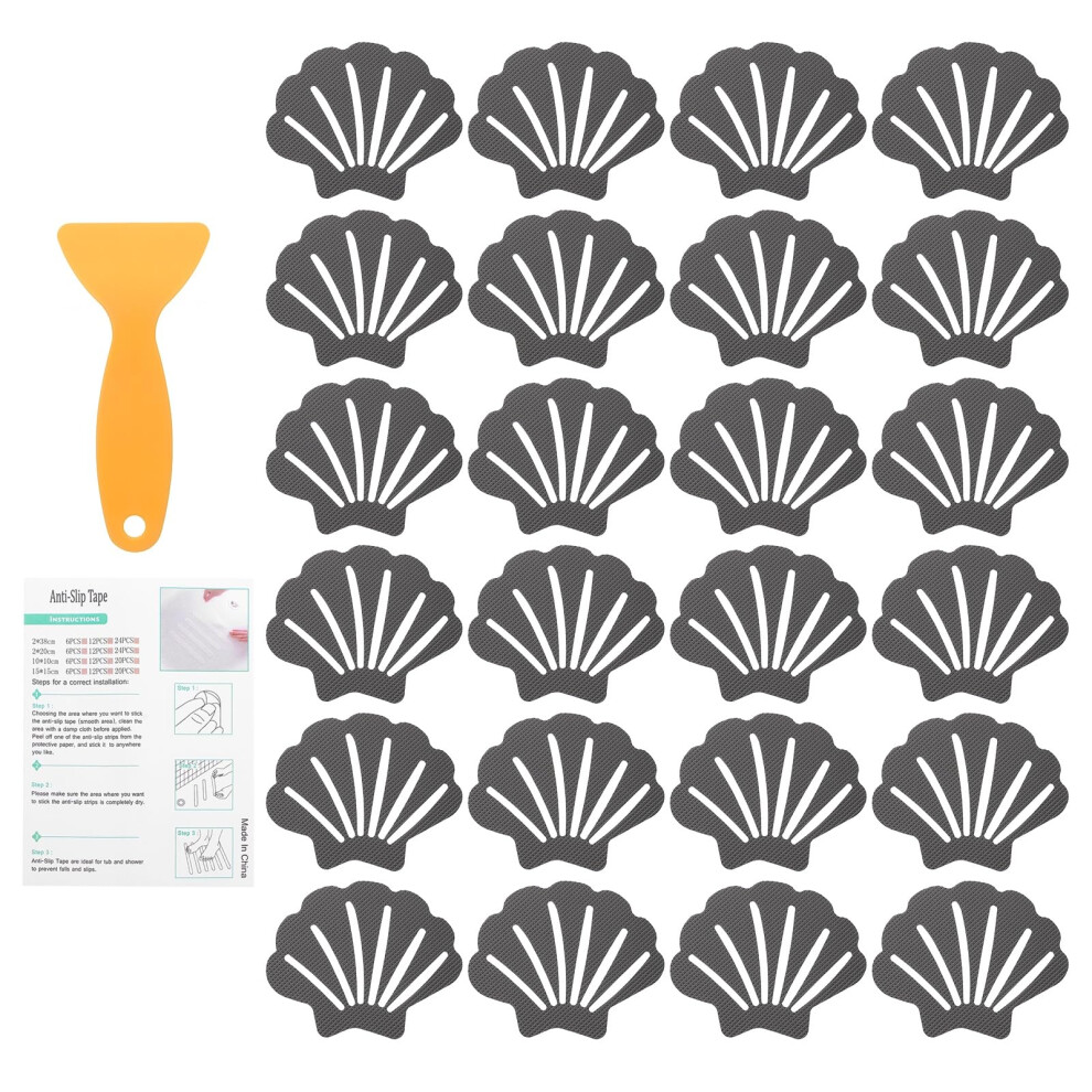Sourcing Map 24Pcs Non-Slip Bathtub Stickers, 9X7 Cm Shell Shape Shower Floor Non Slip Stickers With Scraper For Bathroom Shower Stairs Ladders, Gray 5051221423005