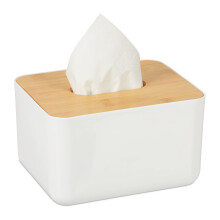 Relaxdays Tissue Box Cover with Bamboo Top, Baby Wipe Dispenser, Kitchen Napkin Holder, Bathroom, 10 x 23 x 13 cm, White