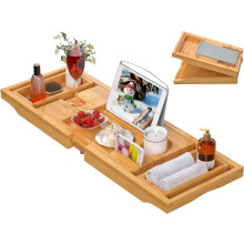 Artmalle Bathtub Caddy Tray for Tub,Foldable Bamboo Bath Table Tray with Book and Wine Glass Holder, Free Soap Dish Suitable for Luxury Spa or Reading