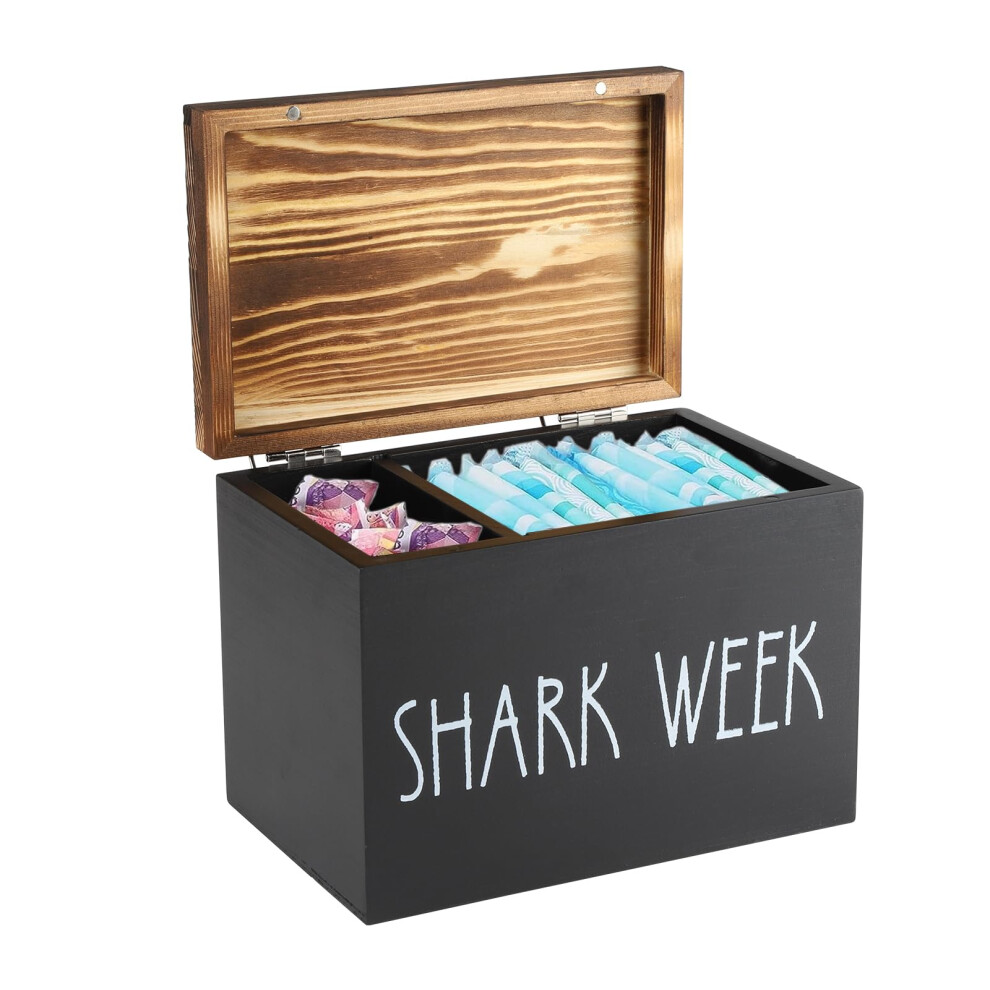 Gzsekken Shark Week Period Box With Lid,2-Compartment Tampon Holder & Sanitary Storage Box,Rustic Wood Bathroom Box Sanitary Pad Tampax Organiser For
