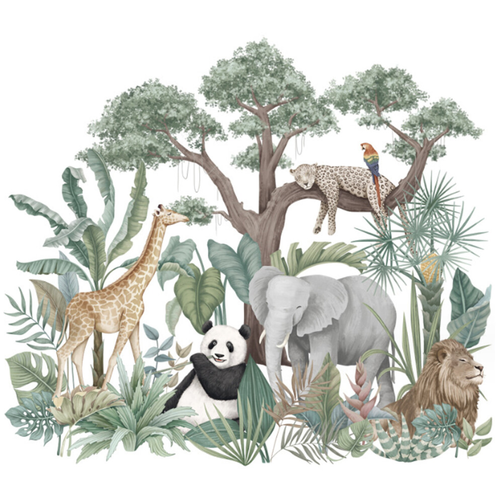 Custom Size Watercolor Jungle Animals Wall Decals, Removable & Self-Adhesive PVC Stickers for Children's Education, Baby Nursery Decor