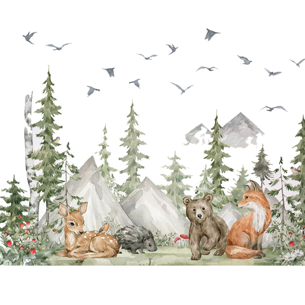 Nature-Inspired Wall Art Decals, Mountain Tree Forest Theme, Watercolor Woodland Animal Design, Perfect for Kids Room Decoration