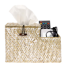 IGNPION Woven Square Tissue Holder Seagrass Facial Tissue Box Cover Decorative Household Cube Tissue Organizer Box with Remote Control Storage Holder