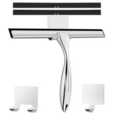 Shower Squeegee Stainless Steel 25 cm with 2 Replacement Rubber Squeegees, Squeegee Shower with Holder, Window Squeegee for Bathroom, Mirror and
