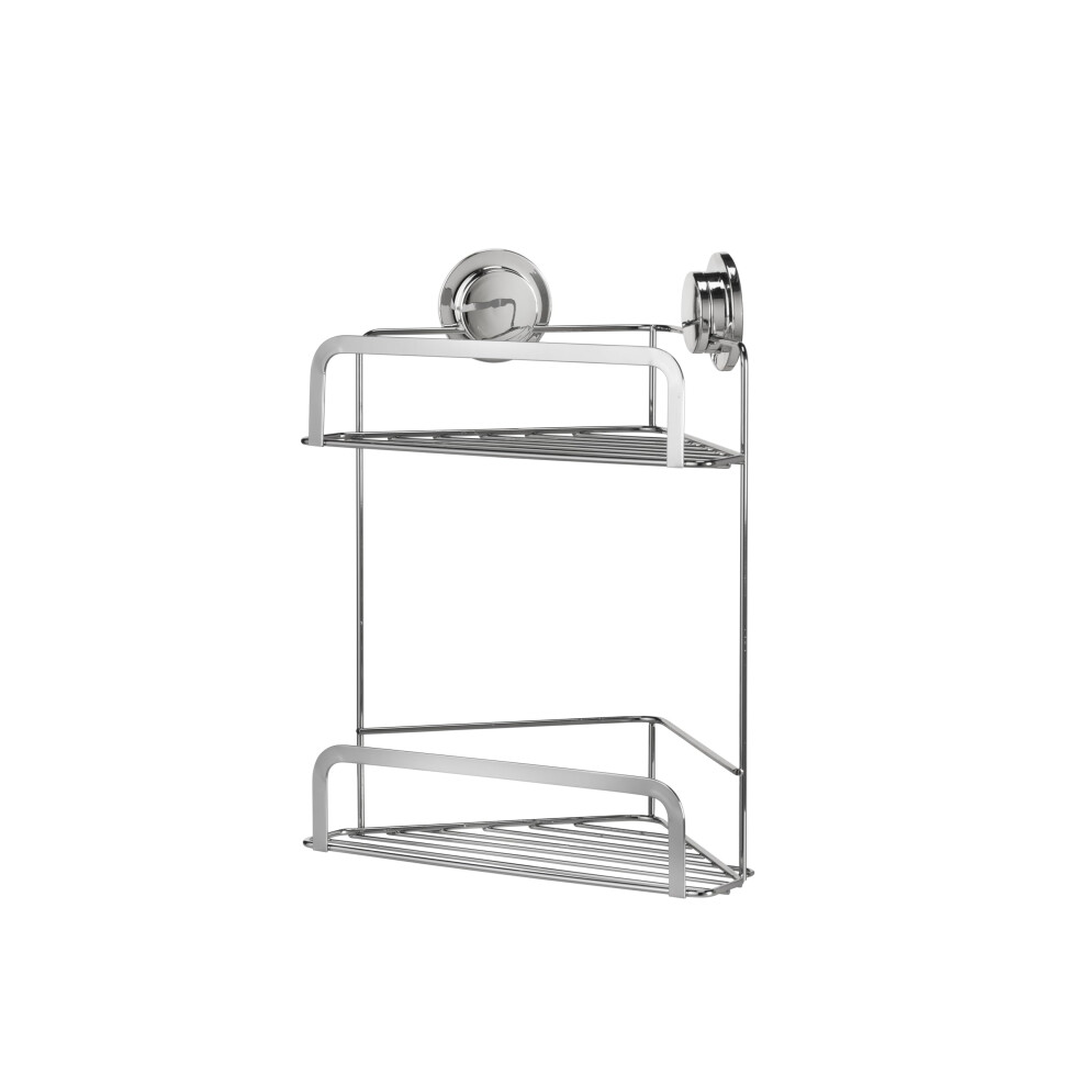 Croydex Stick 'N' Lock Two Tier Corner Shower Caddy - Shower Shelf No Drilling Bathroom Storage Solution With Sticky Pad Easy-Clean 5 Year Rust-Free