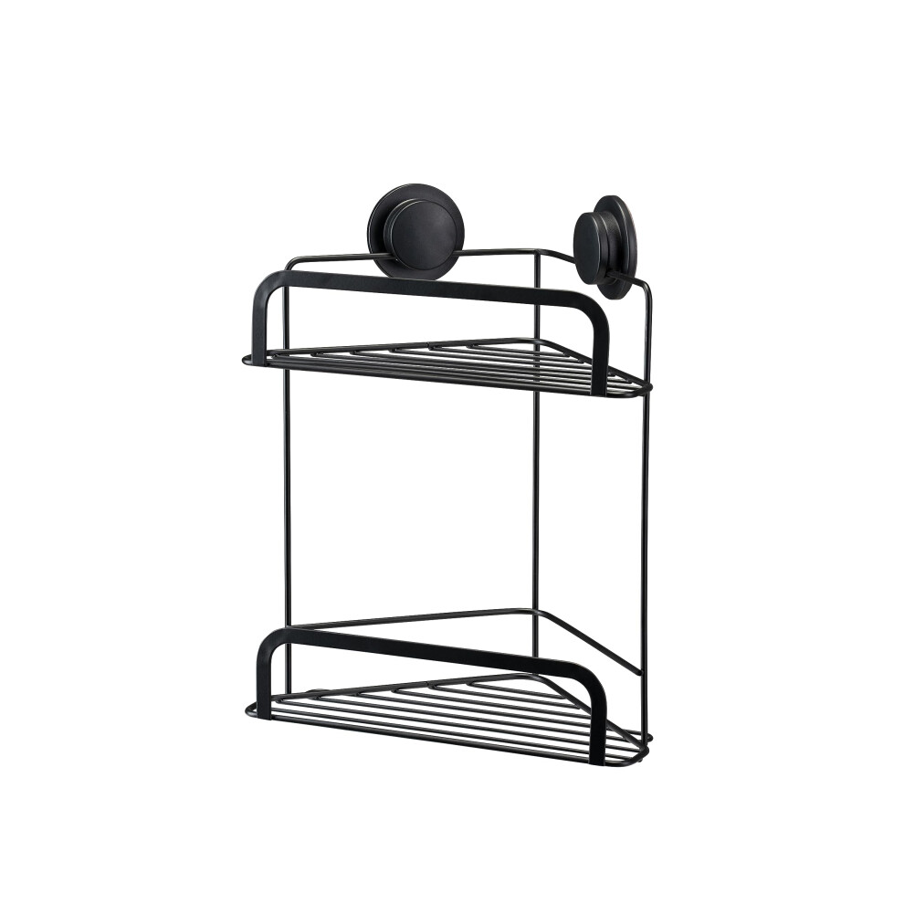 Croydex Stick 'N' Lock Two Tier Black Shower Caddy - Corner Shower Shelf No Drilling Bathroom Storage Solution With Sticky Pad Easy-Clean 5 Year