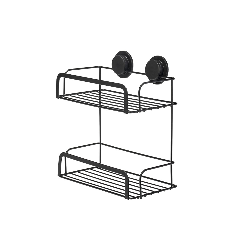 Croydex Stick 'N' Lock Two Tier Black Shower Caddy - Shower Shelf No Drilling Bathroom Storage Solution With Sticky Pad Easy-Clean 5 Year Rust-Free