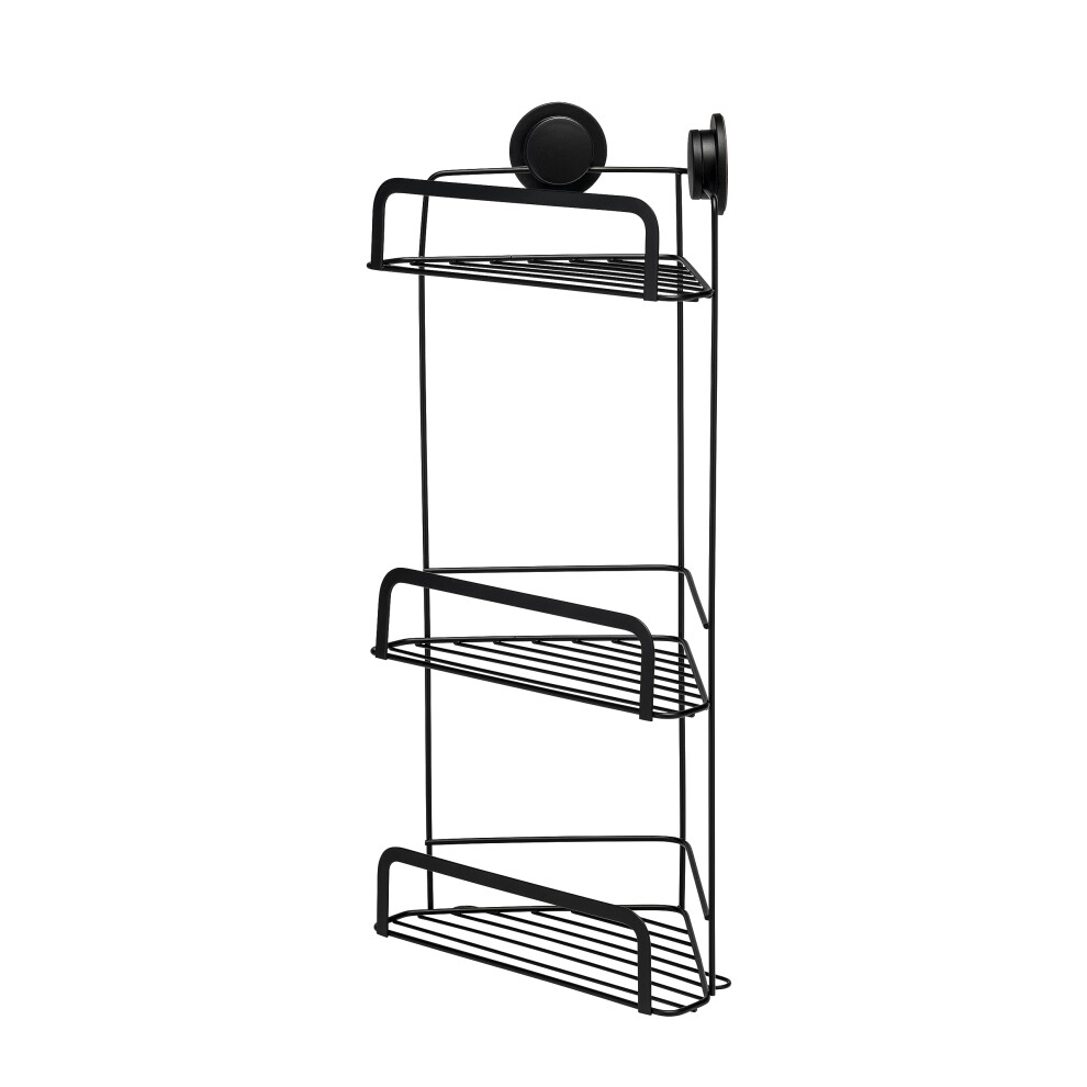 Croydex Stick 'N' Lock Three Tier Black Shower Caddy - Corner Shower Shelf No Drilling Bathroom Storage Solution With Sticky Pad Easy-Clean 5 Year
