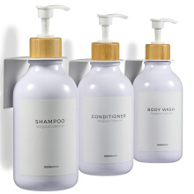 MaisoNovo Shampoo and Conditioner Dispenser - Set of 3 Shower Soap Dispenser Wall Mounted - 500ml White Plastic Bottles with White Bamboo Pump