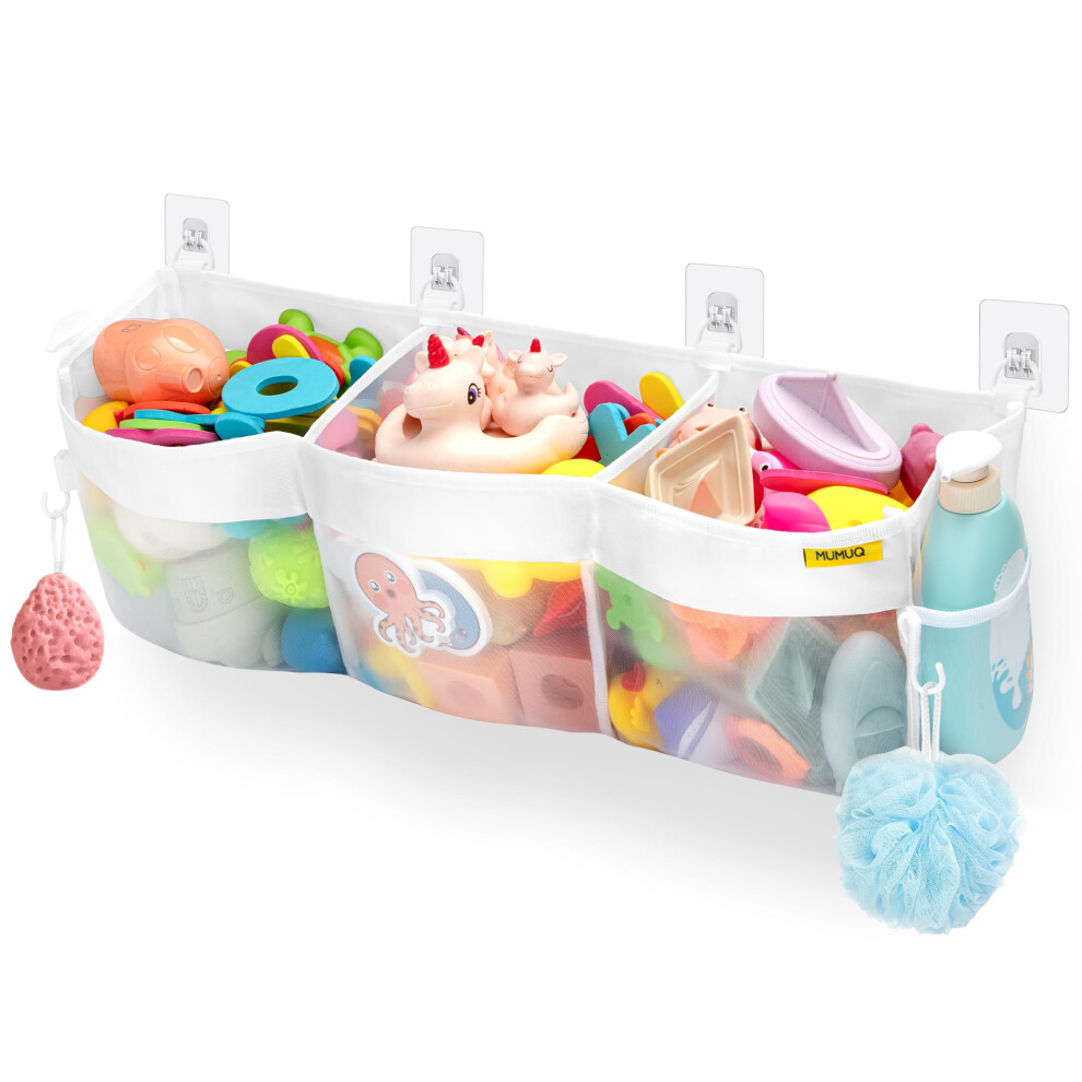 Mumuq Bath Toy Storage, 3 Compartments Bathroom Toy Organiser Bag, Shower Organiser No Drilling, Quick Access Bath Toys Net Holder Baby Shower Caddy Tub