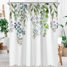 Lerores Shower Curtain 180 x 200 cm, Green Leaves Anti-Mould Textile, Weighted Hem, Water-Repellent, Washable Polyester Fabric Bath Curtains with