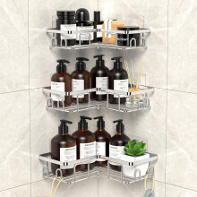UUlioyer Corner Shower Caddy, Stainless Steel Bathroom Shelf No Drilling, Bath Storage with Hooks (3-Pack Corner Shower Caddy- Silver)