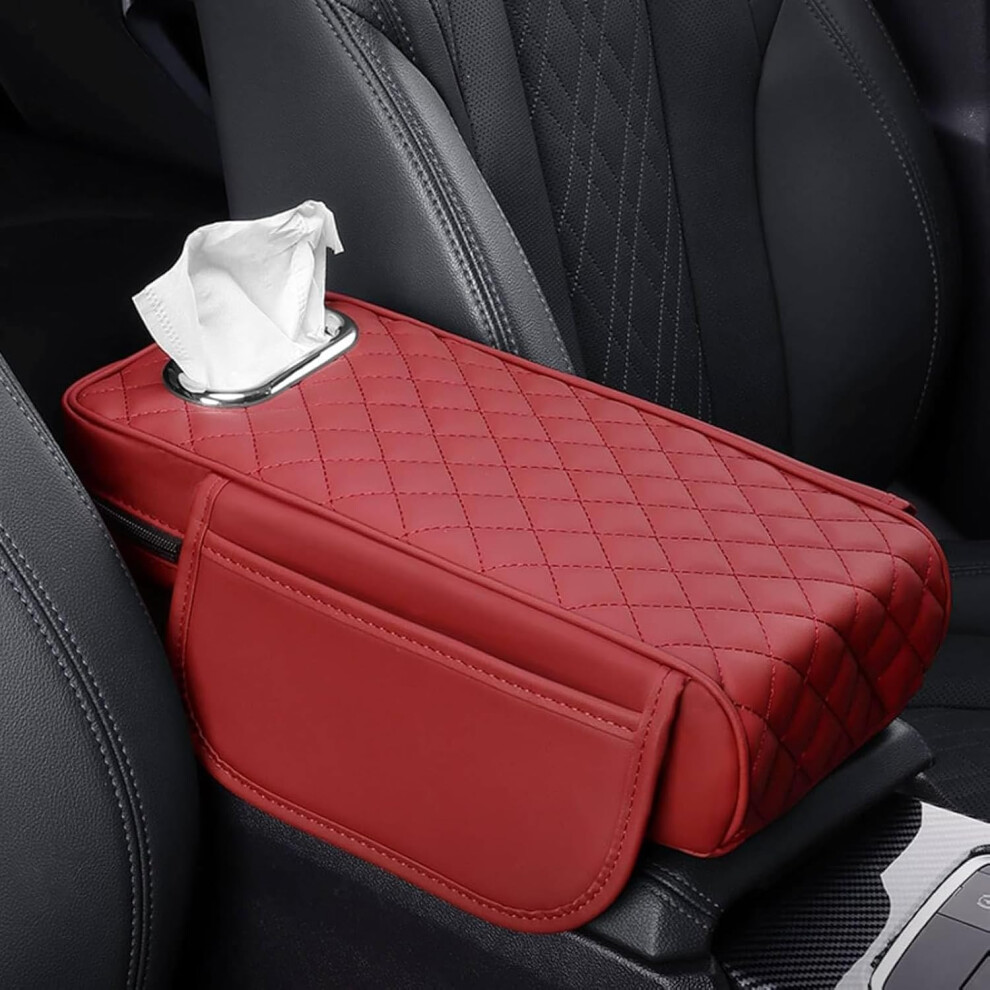 Leather Armrest Cushion With Storage And Tissue Holder, 20162024 For Tesla Model 3 Model Y Red 9189345111600