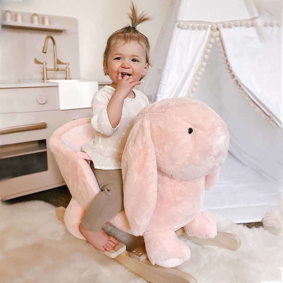 Bobobiy Pink Kids Rocking Rabbit, Plush Rocking Horse Ride-On W/ Sound, Wood Base, Seatbelt, For Ages 18-36 Months, - Image 5