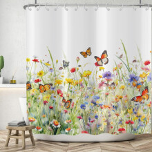 ASDCXZ Flower Shower Curtain 180x200 cm, Spring Yellow Purple Rose Colorful Flowers Butterfly White Washable Shower Curtains Polyester Textile