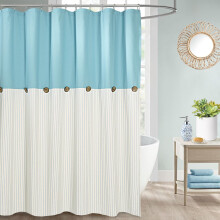 DOSLY ID?ES Farmhouse Teal Shower Curtain for Bathroom,Beige and Blue Stripe,Button Curtain,Cotton Blend Woven Fabric,Rustic Charm Country Chic