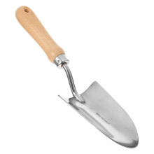 Small garden shovel with wooden handle for potted plant care in the garden. Durable and rust. Versatile for plant soil loosening.