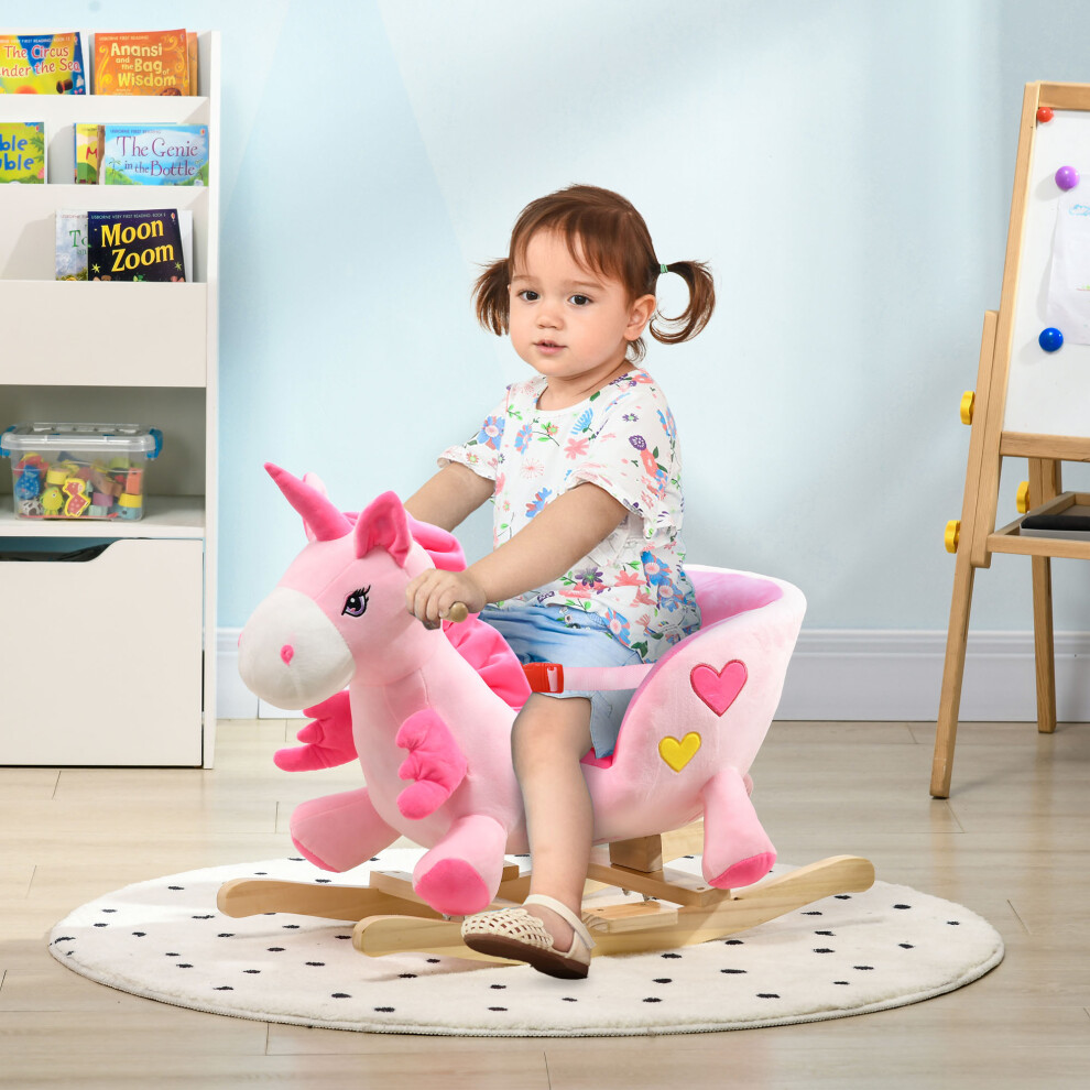 Homcom Rocking Horse, Plush Ride On Unicorn With Songs, Seatbelt, Pink