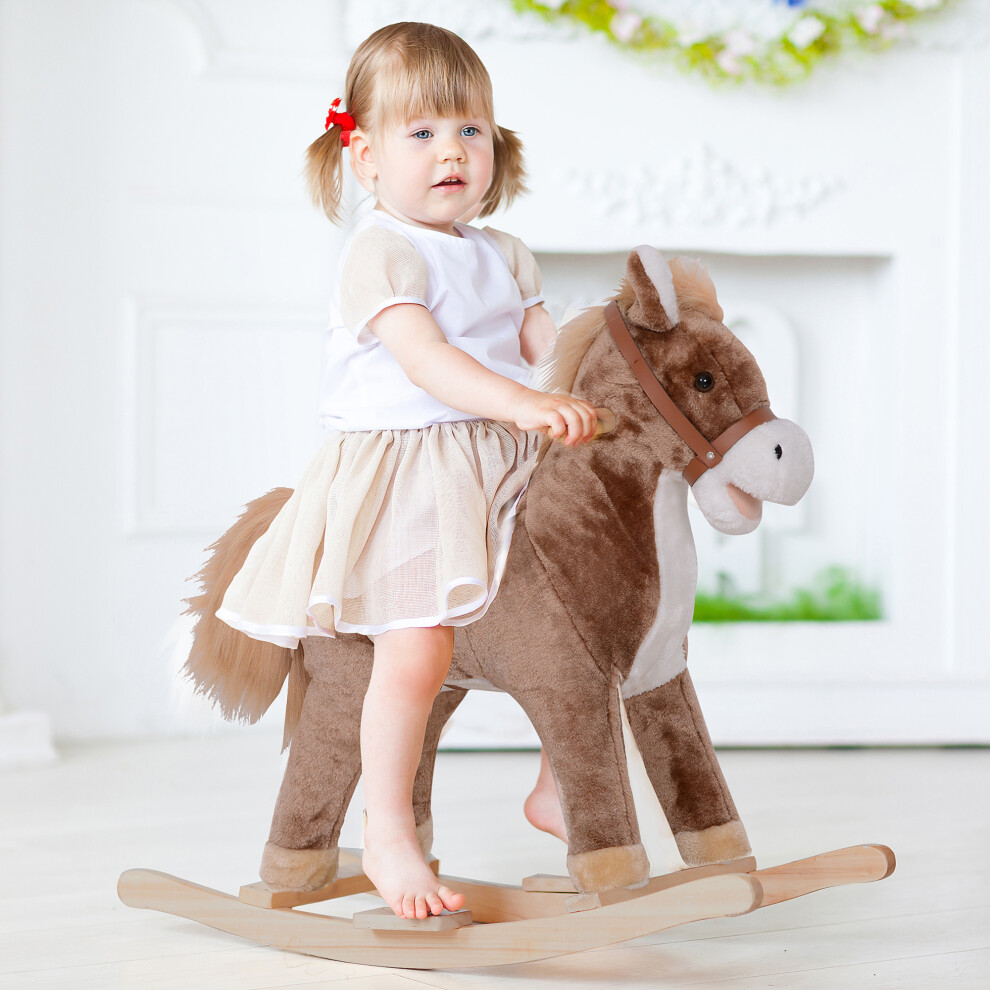 Homcom Kids Rocking Horse Wooden Plush Age 3+ Children Ride On Toy Rocker Baby
