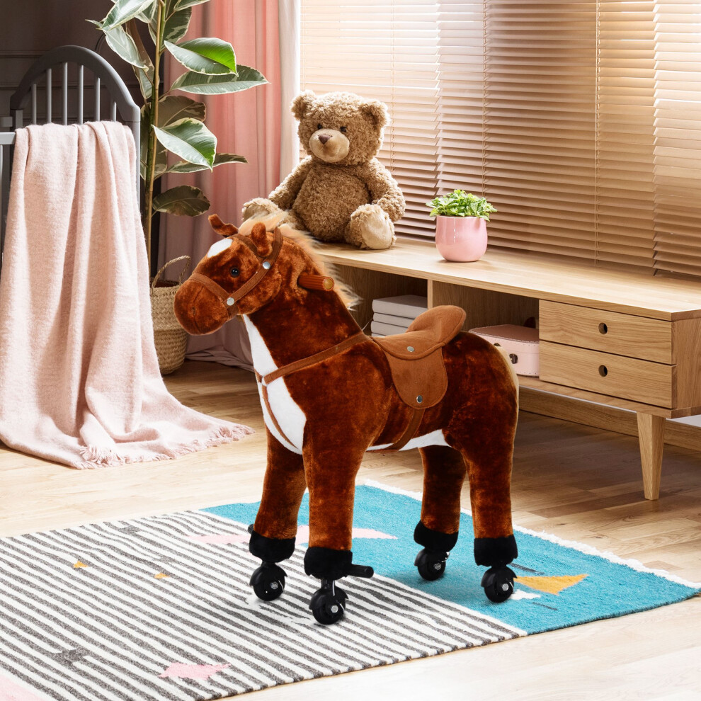Homcom Kids Walking Ride On Horse Toy Plush Walk Pony With Wheels Sound