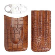 Stylish Cigar Humidor Genuine Leather Travel Case With Cutter Portable Cigar Cases For Men Brown Crocodile Pattern Three Tubes Elegant Gift Set For Fa