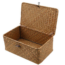 Handwoven Seagrass Baskets with Lid Natural Storage Boxes Eco Friendly Wicker Organizers for Home Kitchen Living Room Decorative Multipurpose Bins