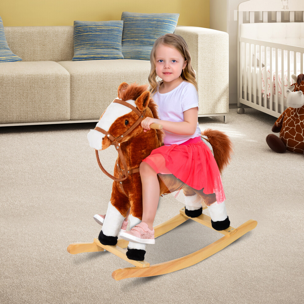 Homcom Rocking Horse Toy Plush Wood Pony Riding Rocker Neigh Sound Brown