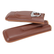 Travel Leather Cigar Case for 2 Cigars with Clipper, 6.5x18cm