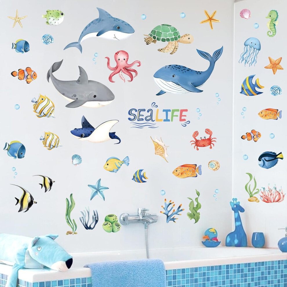 3D Under The Sea, Removable Vinyl Wall Sticker, Bright And Colorful Easy To Peel And Stick For Children's Room Baby Room Bathroom Playroom Classroom (