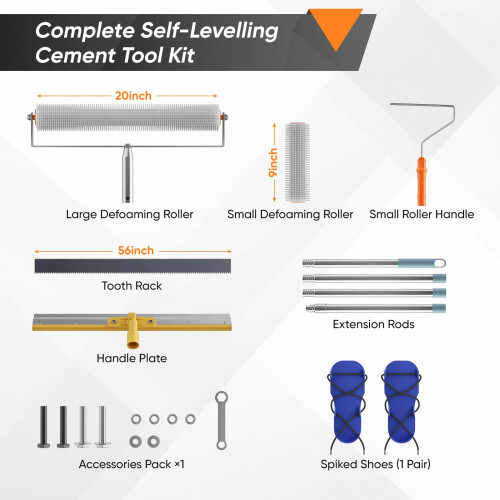 Cement Self-Levelling Tools, Large Defoaming Roller for Self-Levelling Floors with Removable 1.6m Long Extended Handle Notched Squeegee and Spiked 2