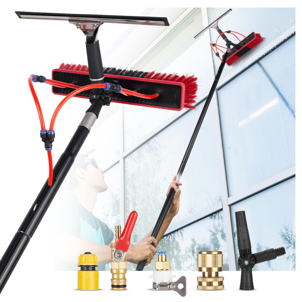 32ft Water Fed Pole Kit - Aluminum Extended Cleaning Pole with 22in Brush & Bendable Duster | Solar Panel/Window Cleaner, Squeegee Tool for Glass,-image-OPC-PP7D9SG-NEW