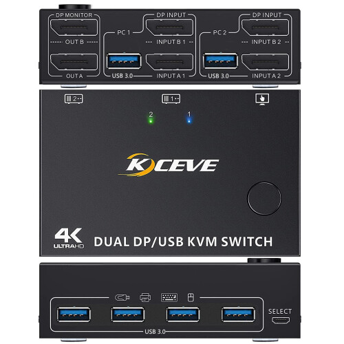 Dual Monitor DP/USB KVM Switch 2 Computers 8K@30Hz Compact 2
