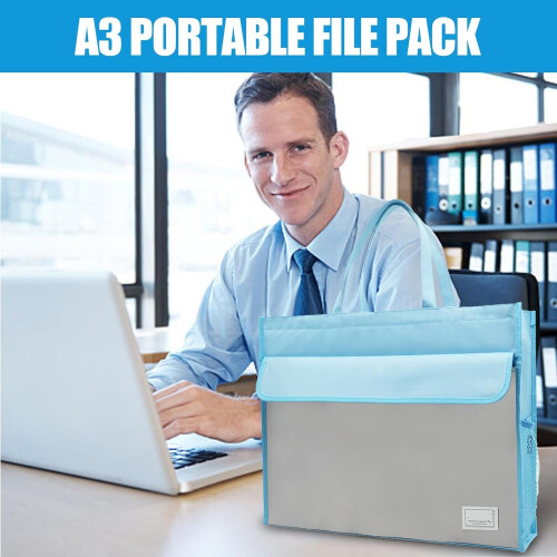 File Business Briefcase Pouch, A3 Document Storage Bag, Large Capacity Blue 1