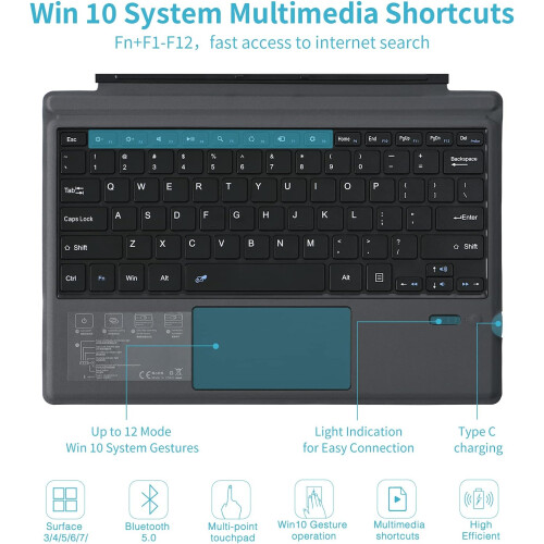 Detachable Wireless Bluetooth Type Cover, Improved Design Ergonomic Surface Pro Keyboard for Microsoft Surface Pro Devices 1
