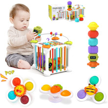 Cubo attività per bambini da 1 a 3 anni, ventose potenti, massaggiagengive con cordino, blocchi impilabili, contenitore sensoriale con forme,
