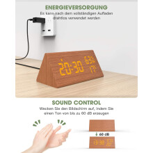 Alarm Clock with Stylish Wood Grain Surface, Temperature Humidity Sensor for Bedroom Office Night Children Bedside Table