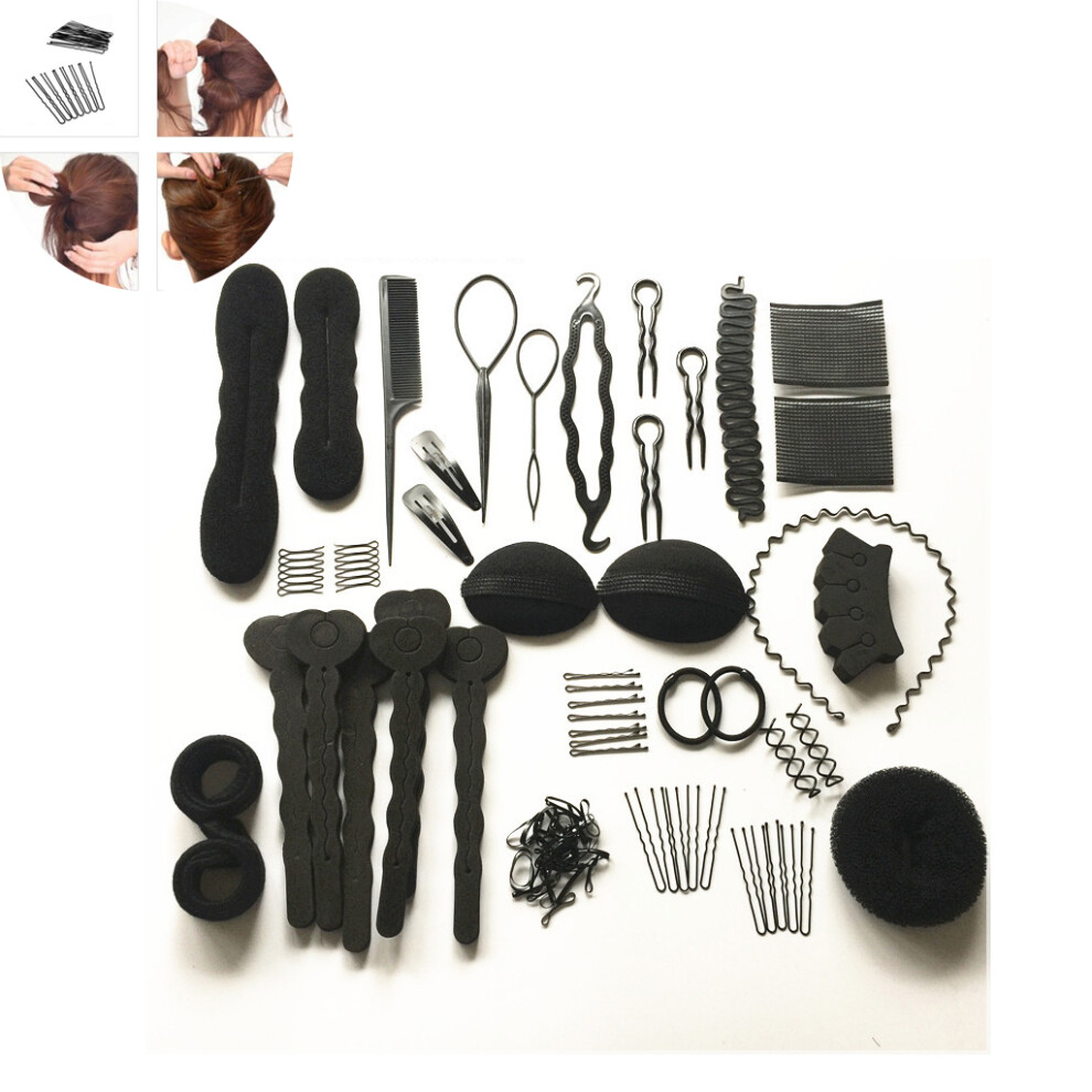 Unisex Complete Hair Styling Solution, Bun Makers, Topsy Tail, U-Shaped Clips, Hair Elastics, High-Density Foam Sponge, For Women And Girls